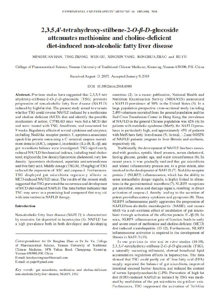 2,3,5,4'‑tetrahydroxy‑stilbene‑2‑O‑β‑D‑glucoside attenuates methionine and choline‑deficient diet‑induced non‑alcoholic fatty liver disease
